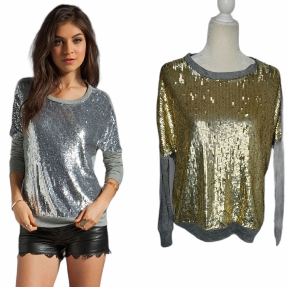 NEW‎ HAUTE HIPPIE long sleeve gold sequin oversized pullover sweater XS